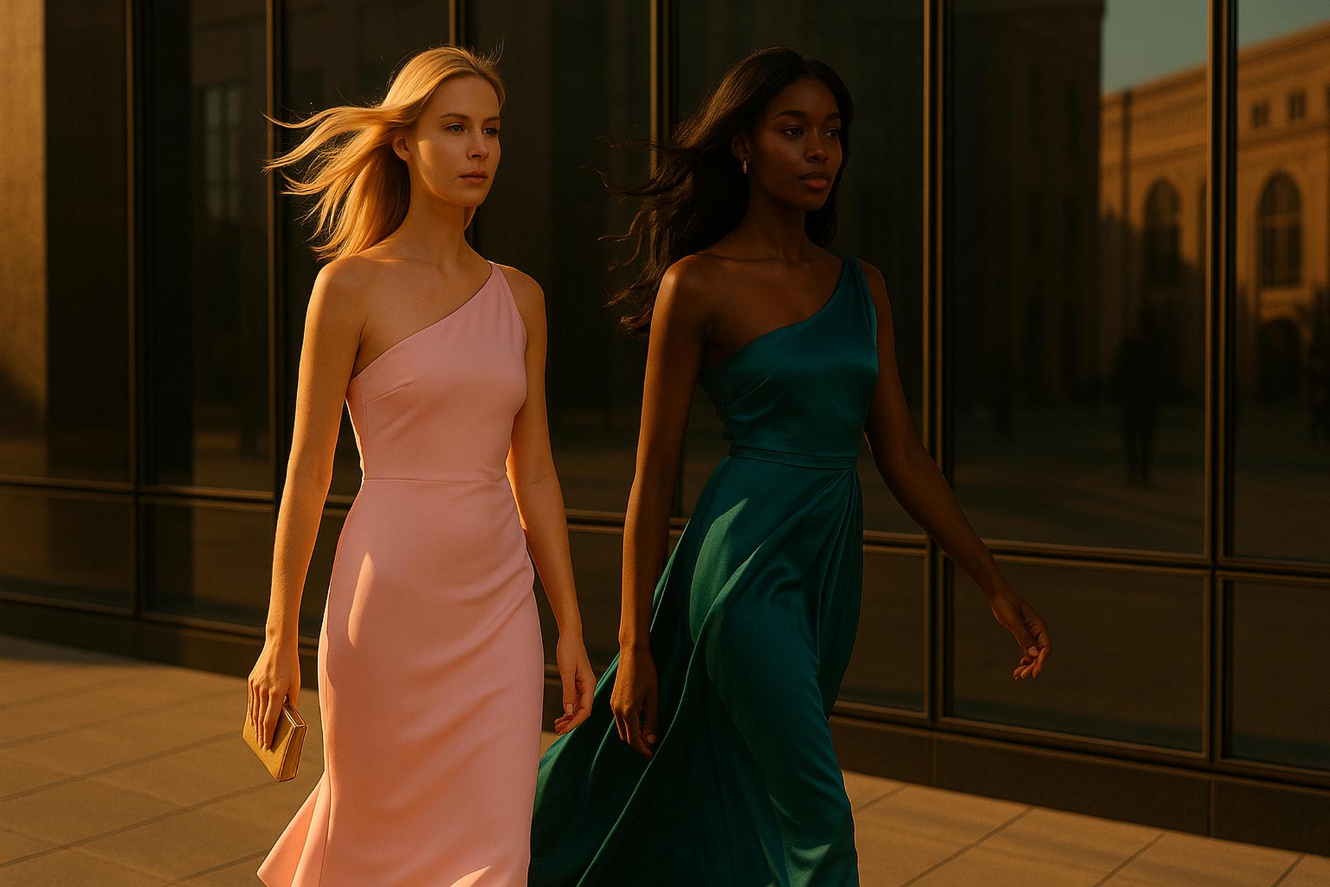 Fashion model in elegant formal gown, day dress, strapless design