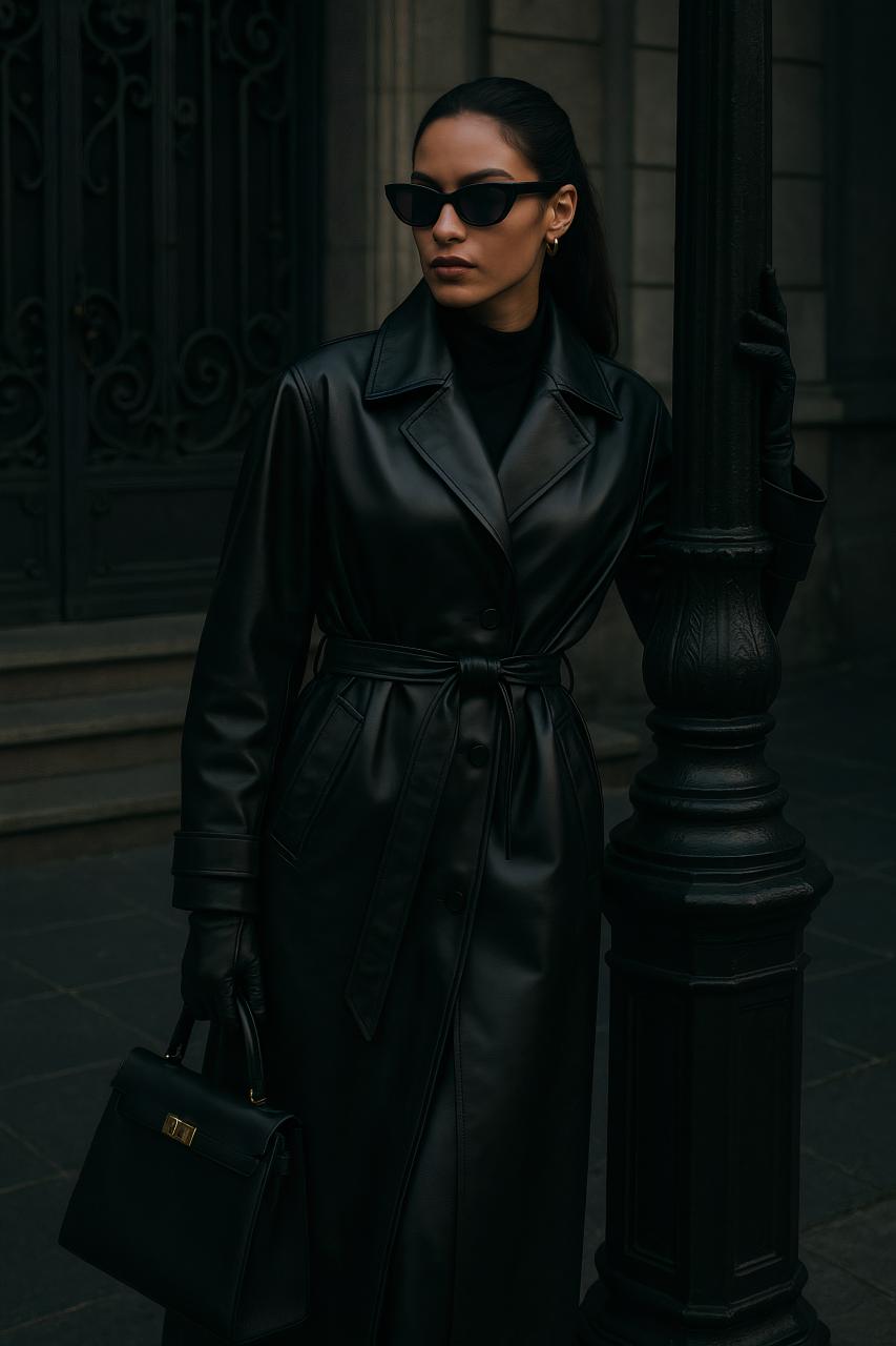 Fashion model in leather overcoat with sunglasses and handbag