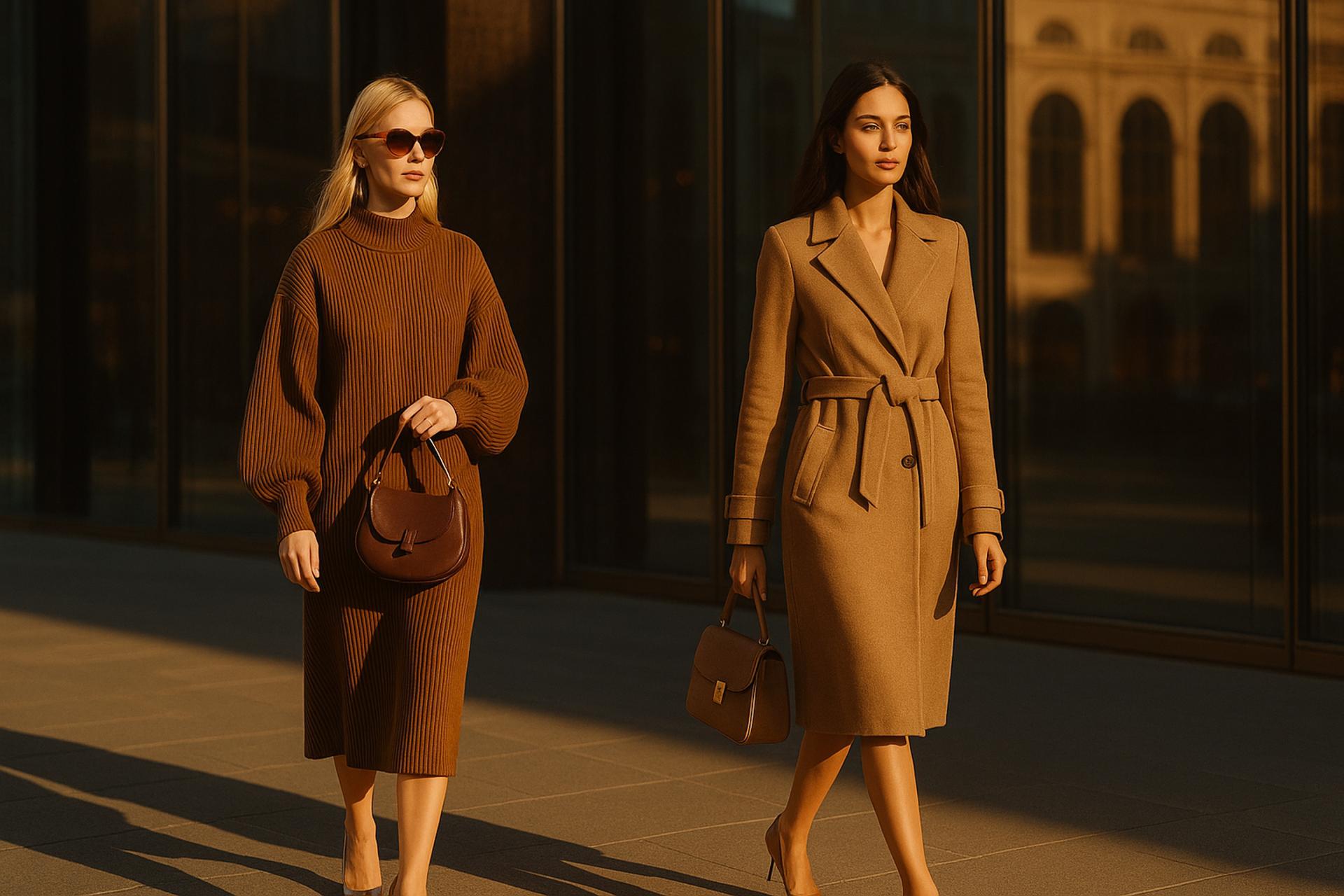 Fashion model in trench coat with vintage design, brown hair, duster bag
