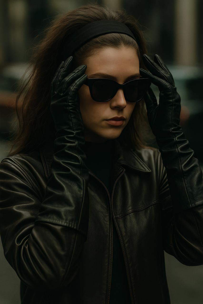 Fashion model in eyewear and leather jacket