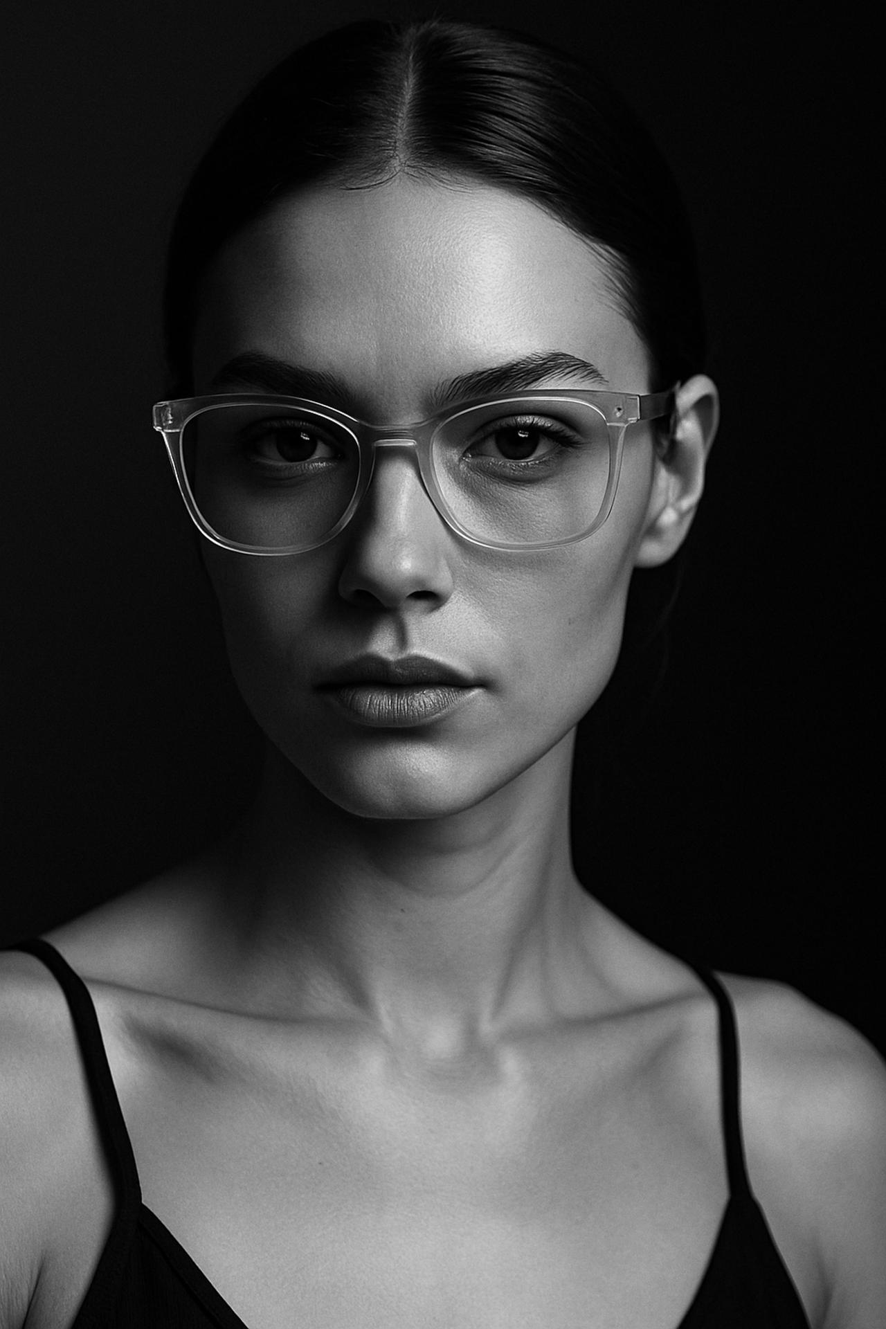Fashion model in monochrome with eyewear, grey portrait photography