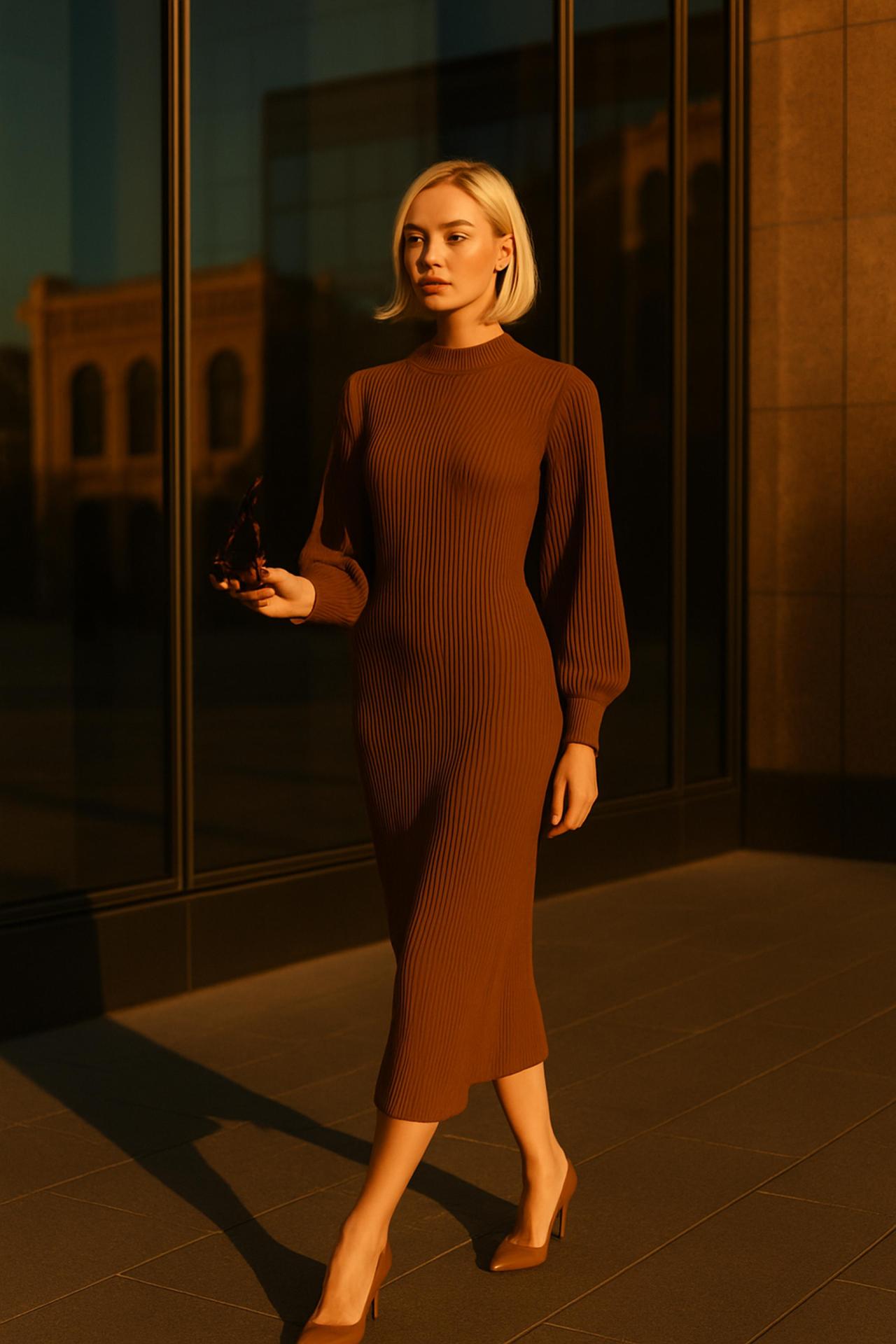 Fashion model in knee-length dress and high-heeled shoes