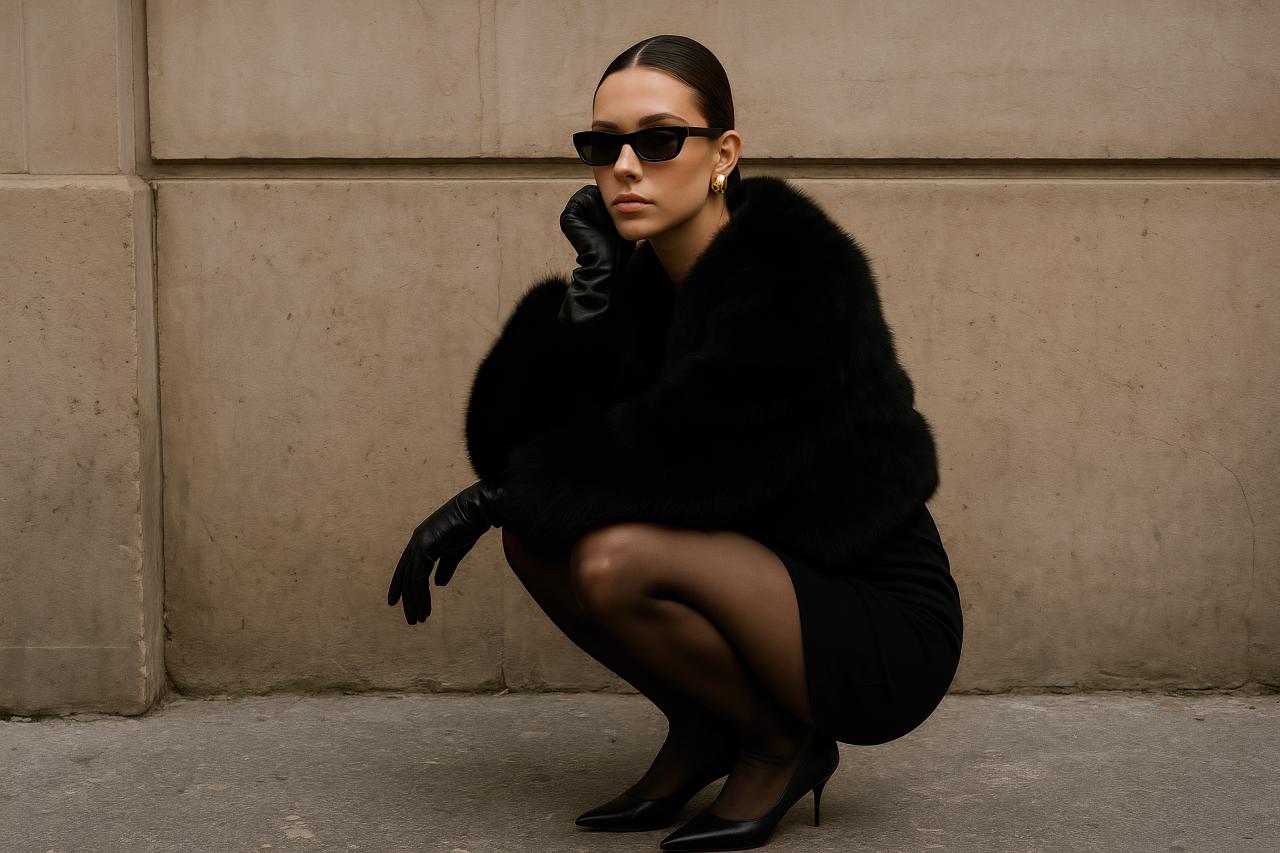 Fashion model wearing sunglasses and fur clothing sitting elegantly