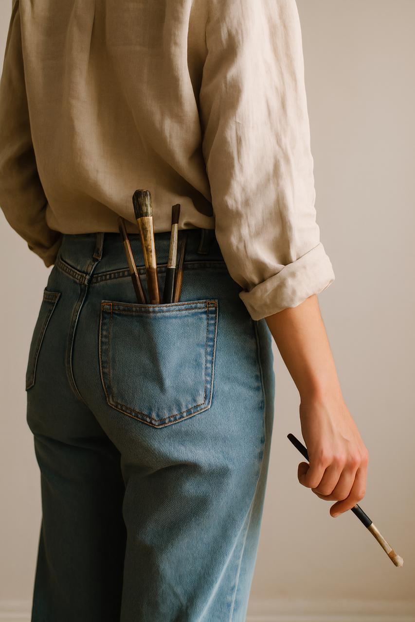 Denim waist belt with leather pocket and button detail