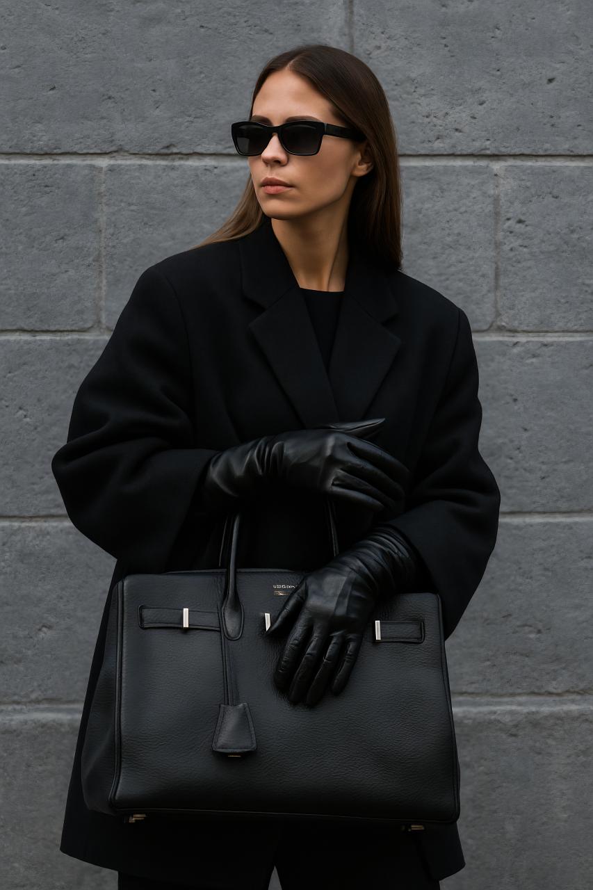 Fashionable girl with overcoat, sunglasses, Birkin bag, and shoulder bag