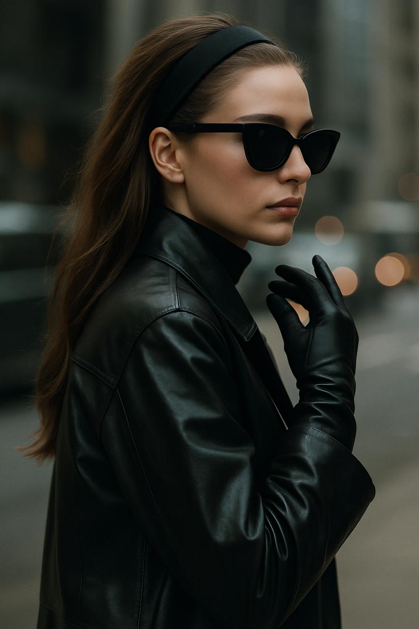 Fashionable model in leather jacket and sunglasses