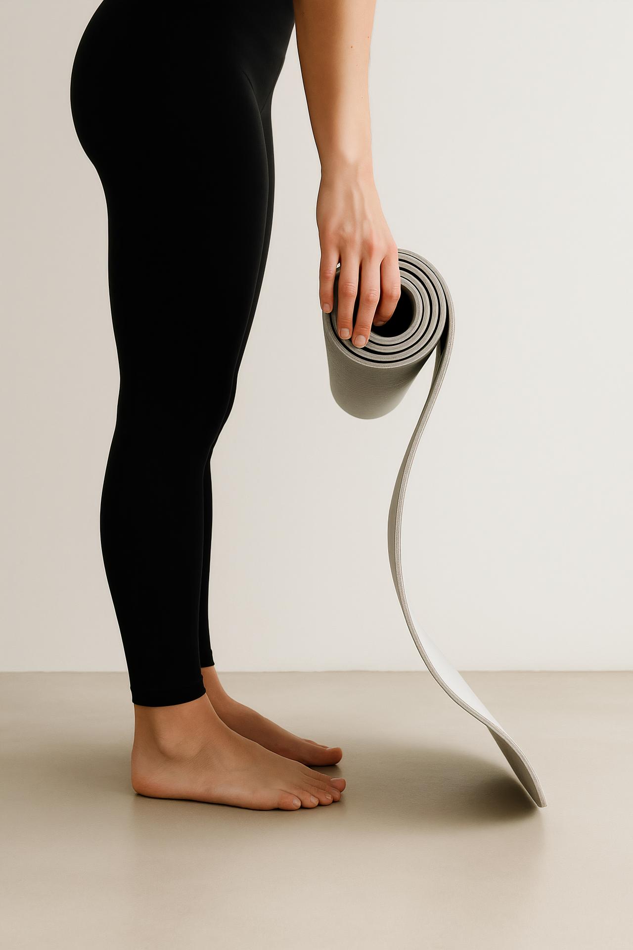 Person in tights on yoga mat standing in yoga pose