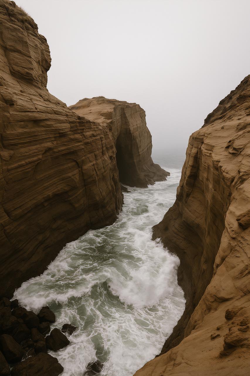 Geological cliff overlooking canyon, rocky terrain and fault lines