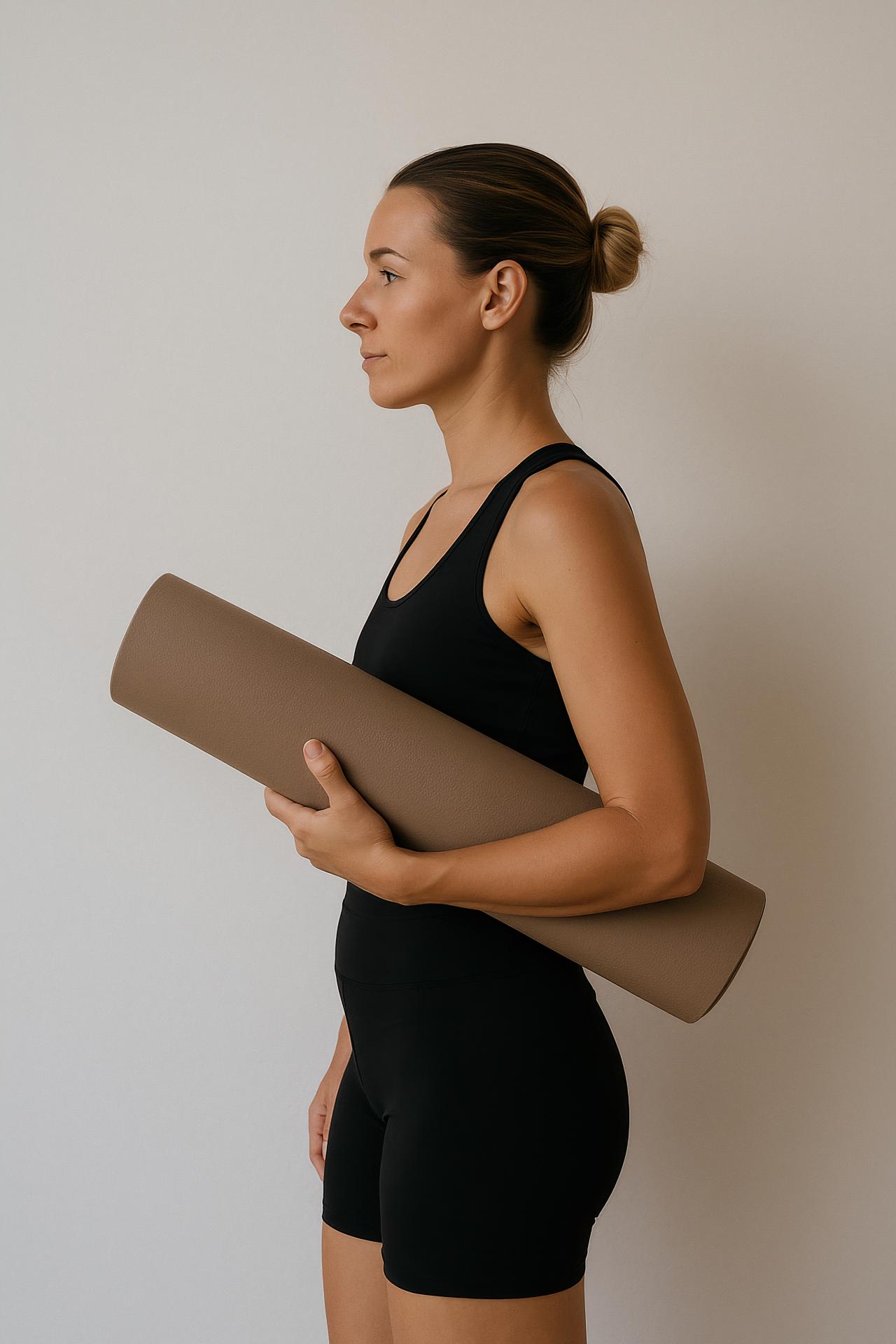 Girl on yoga mat balancing in active pants during exercise