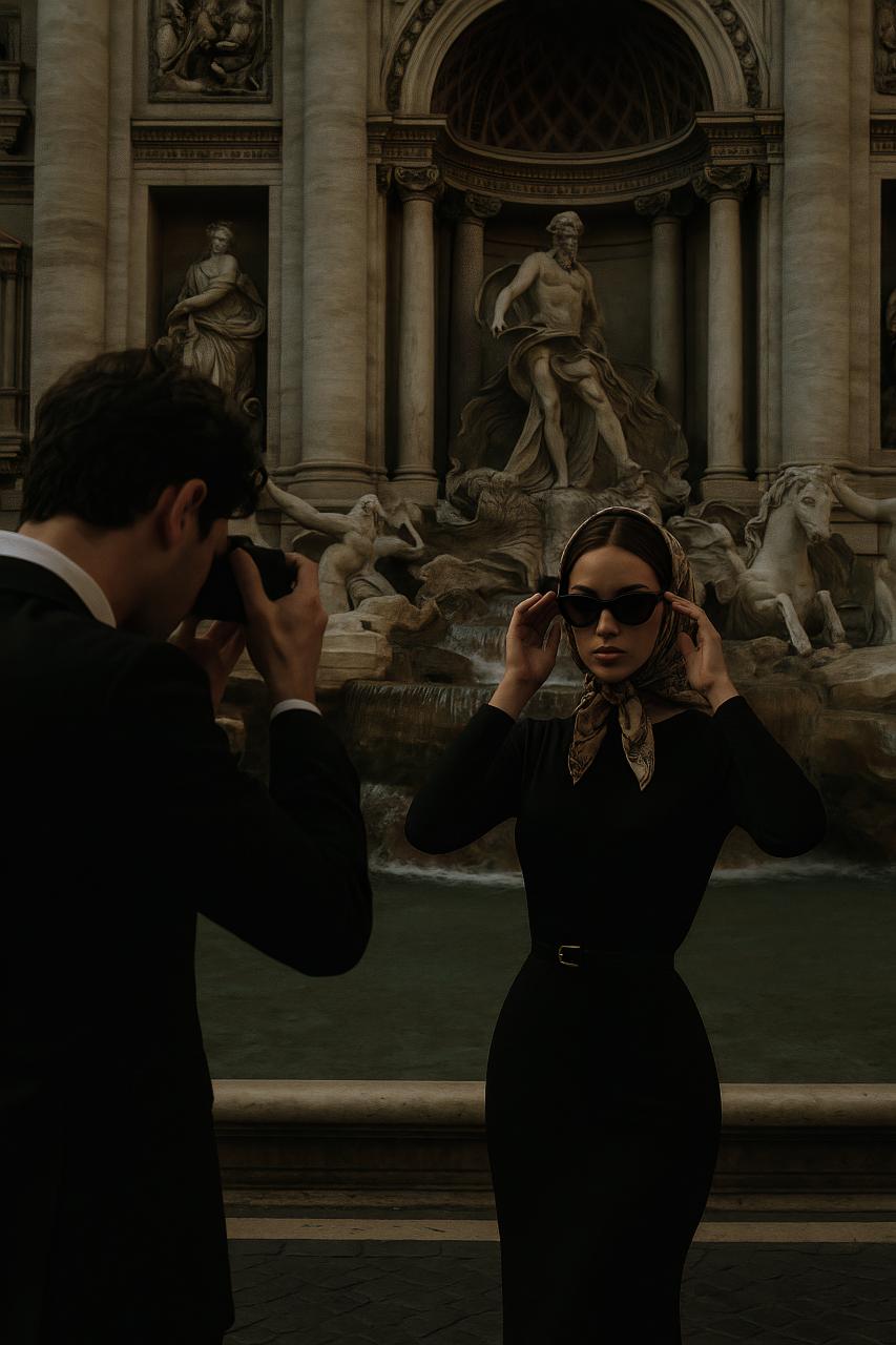 Statue of love, fashion couple in tuxedos at Trevi Fountain