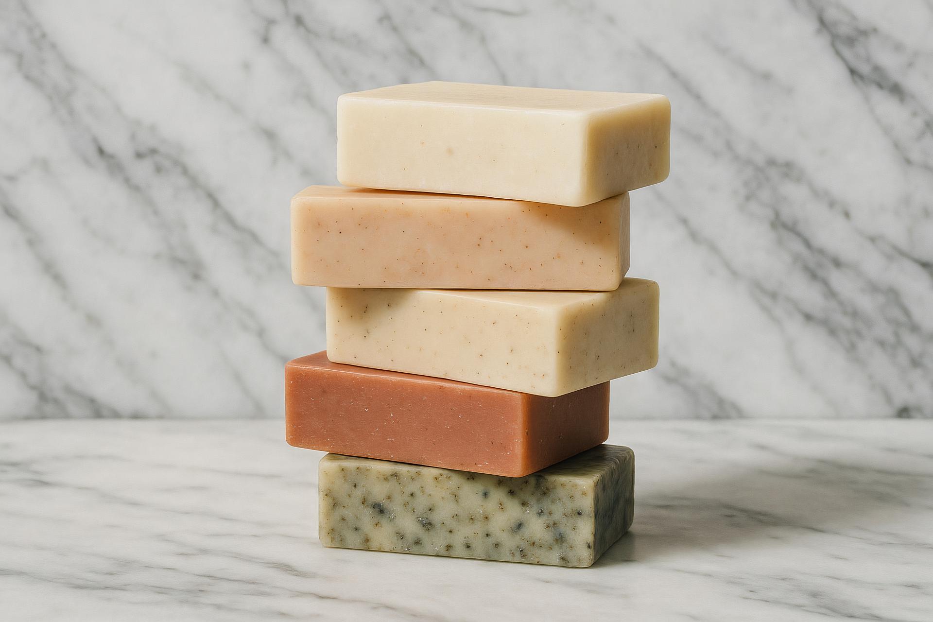 Assortment of processed cheese, bar soap, dairy products, cosmetics, and wax
