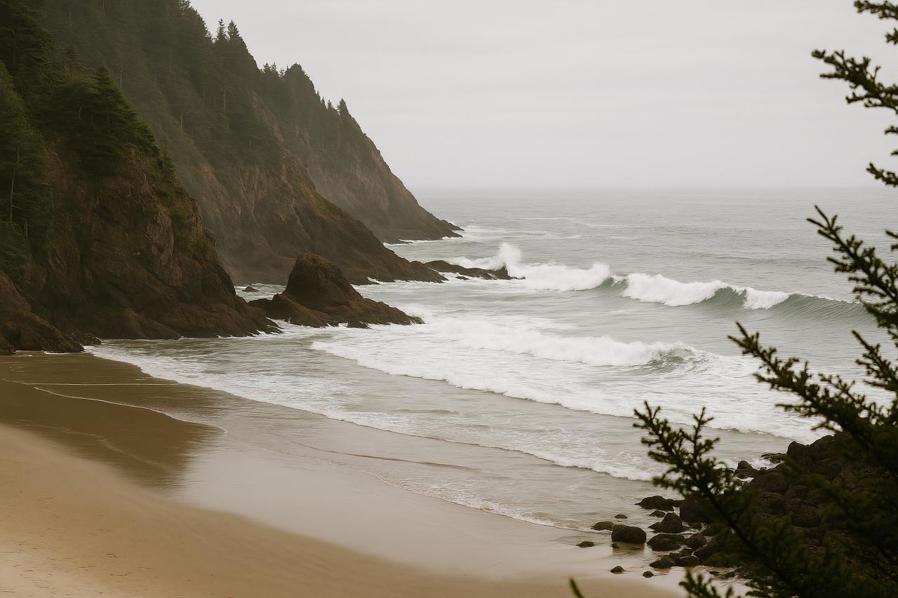 Coastal waves crashing on rocky shore
