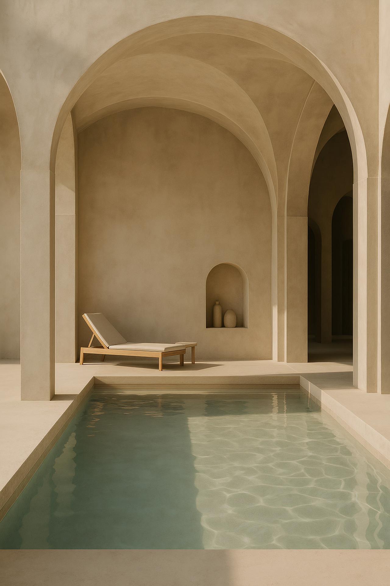 Hacienda, Plastered Columns, Interior Swimming Pool, Arches, Design, Caravanserai