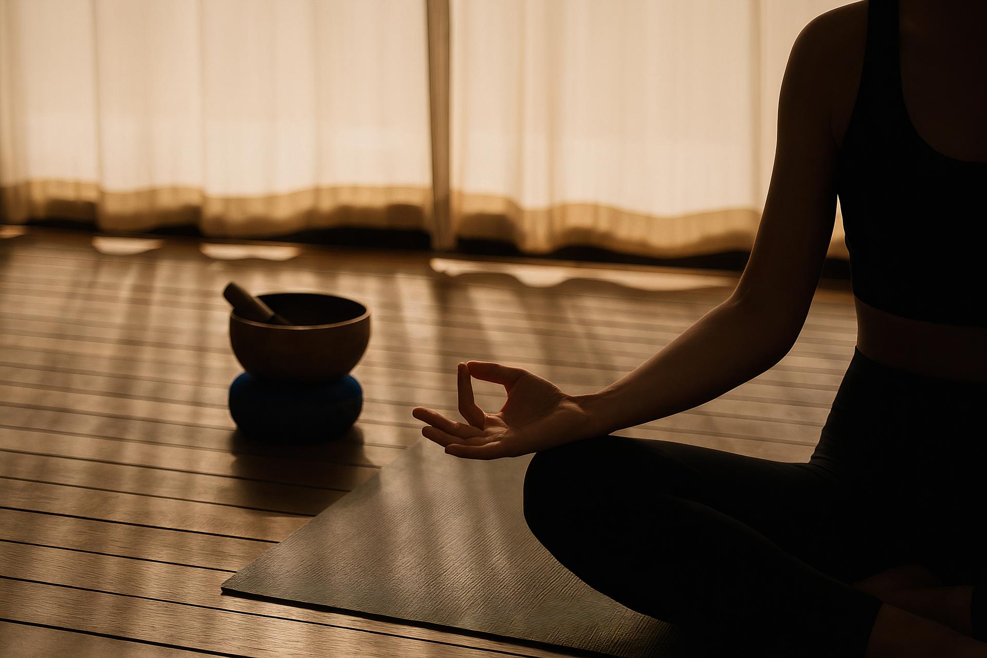 Girl meditating on wood floor in yoga pose