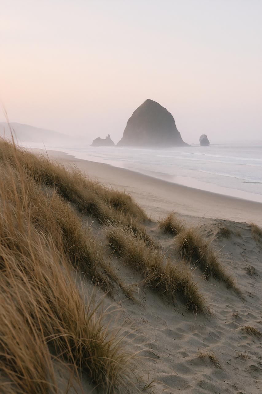 Misty morning on rocky coast with calm sea and sandy beach
