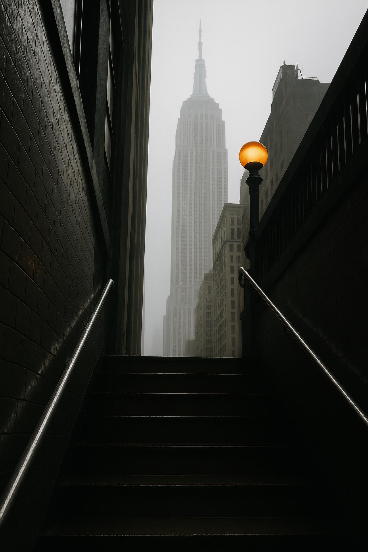 Misty cityscape with tower blocks in twilight