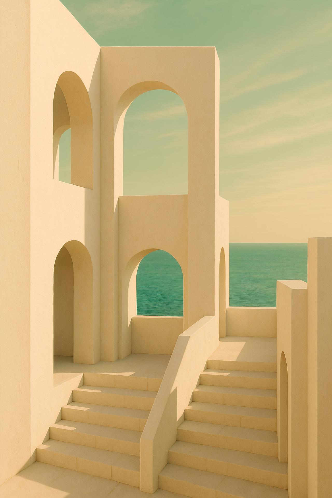 Modern architectural design, columns, shadows, stairs, graphics in a stylish house