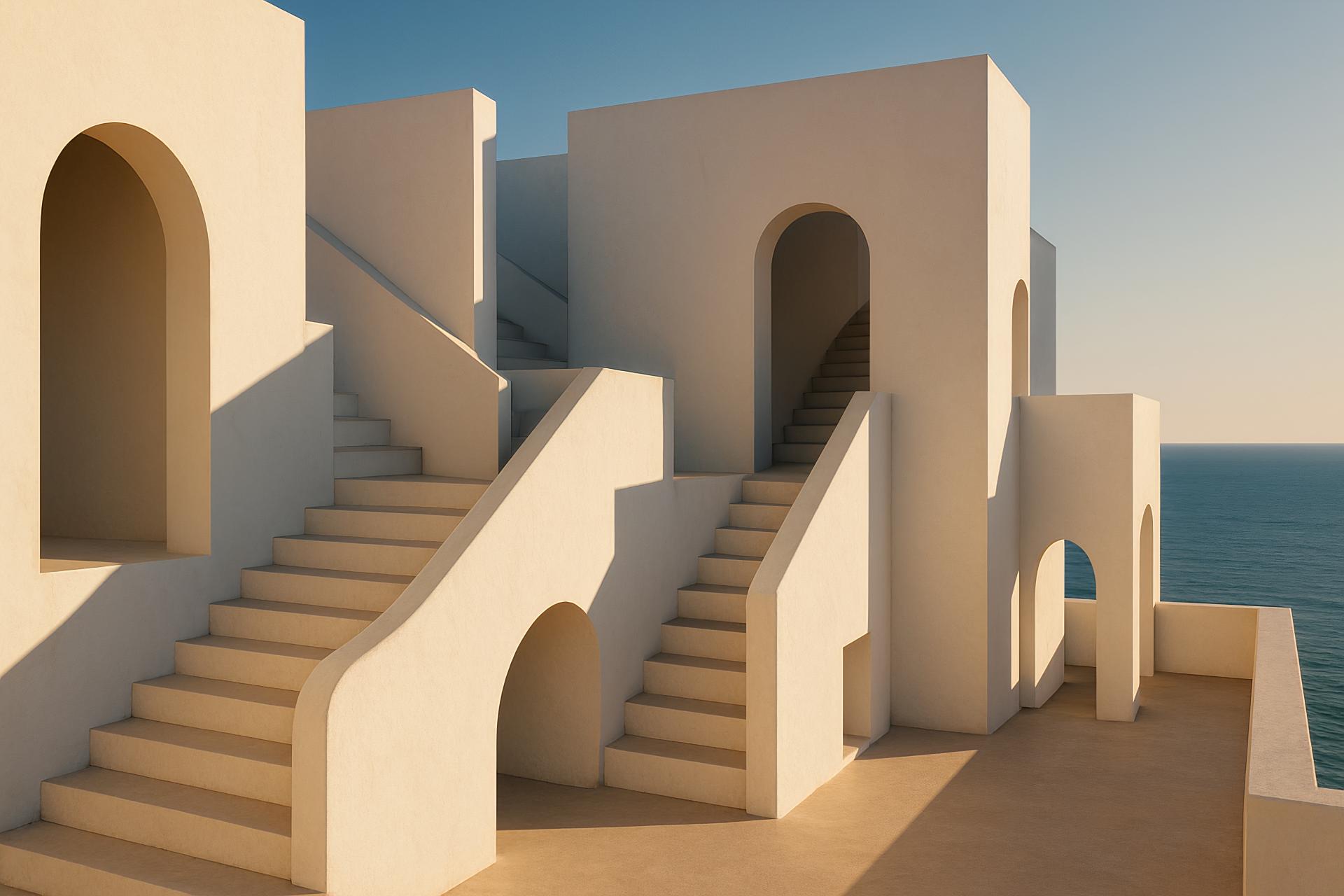 Modern architectural stairs design, arches, shadows, brutalist elements in a house