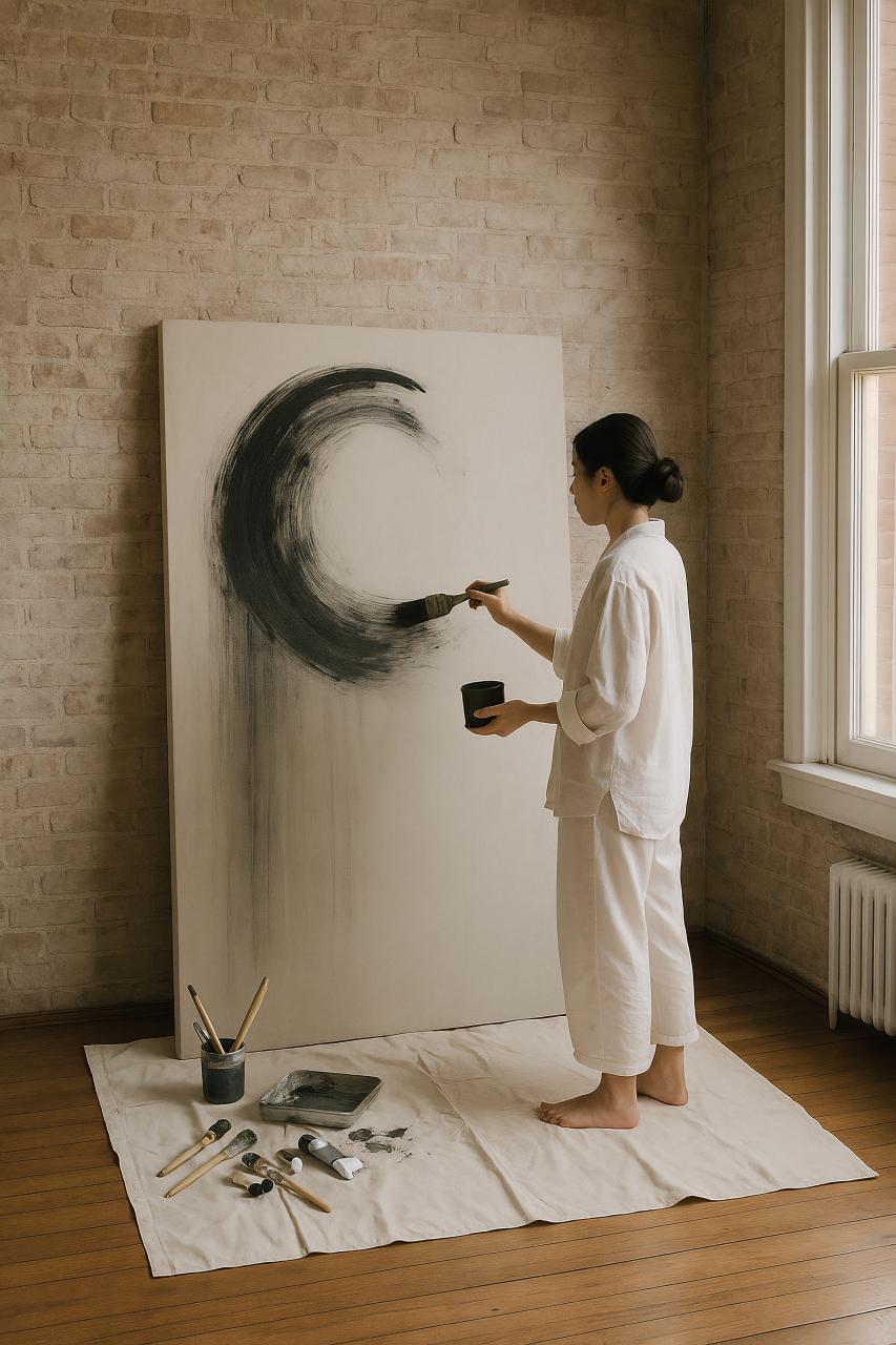 Modern art gallery room with paintings and hardwood flooring