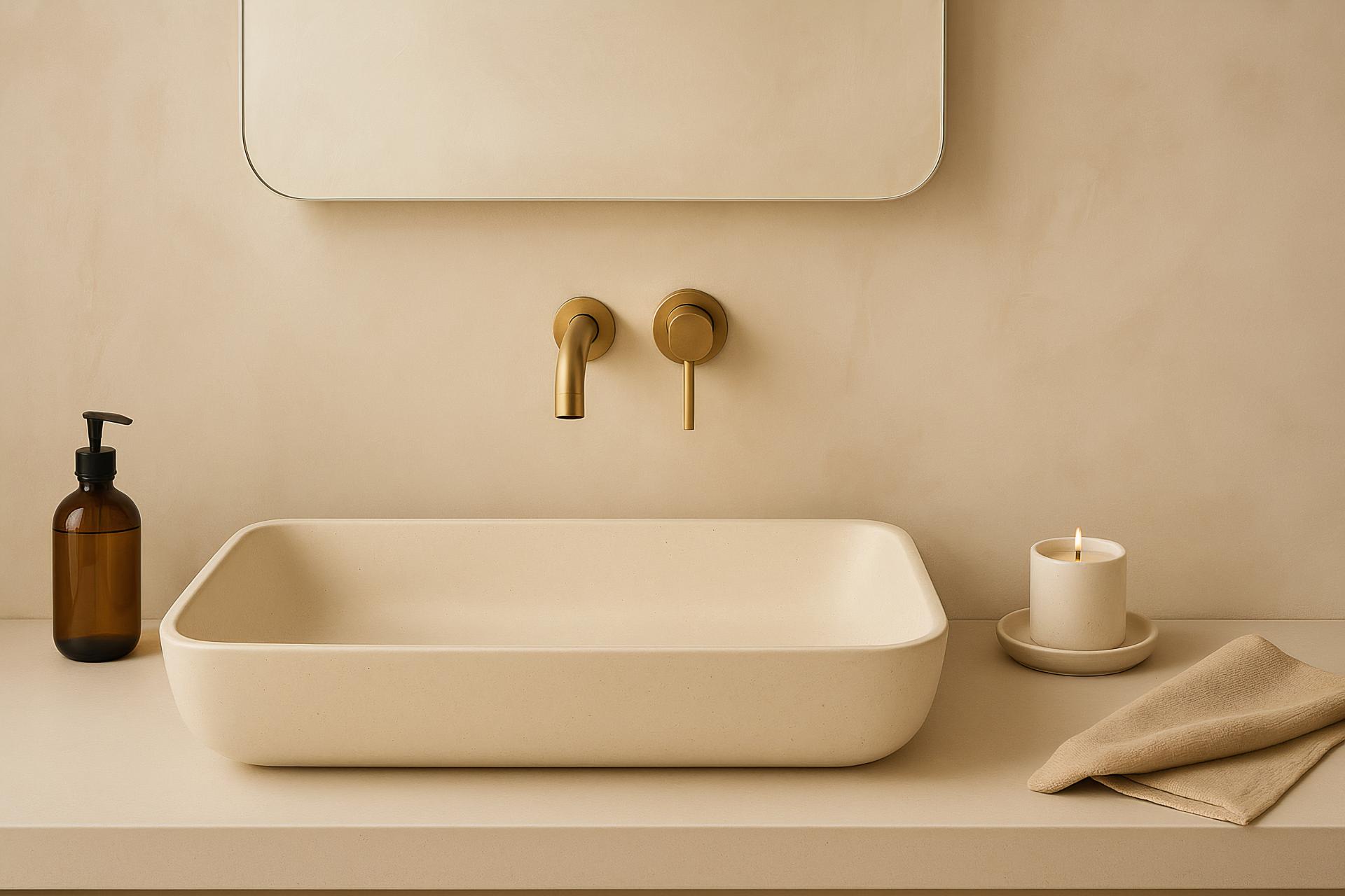 Porcelain sink, houseplant, ceramic bathtub, plumbing fixtures in modern bathroom