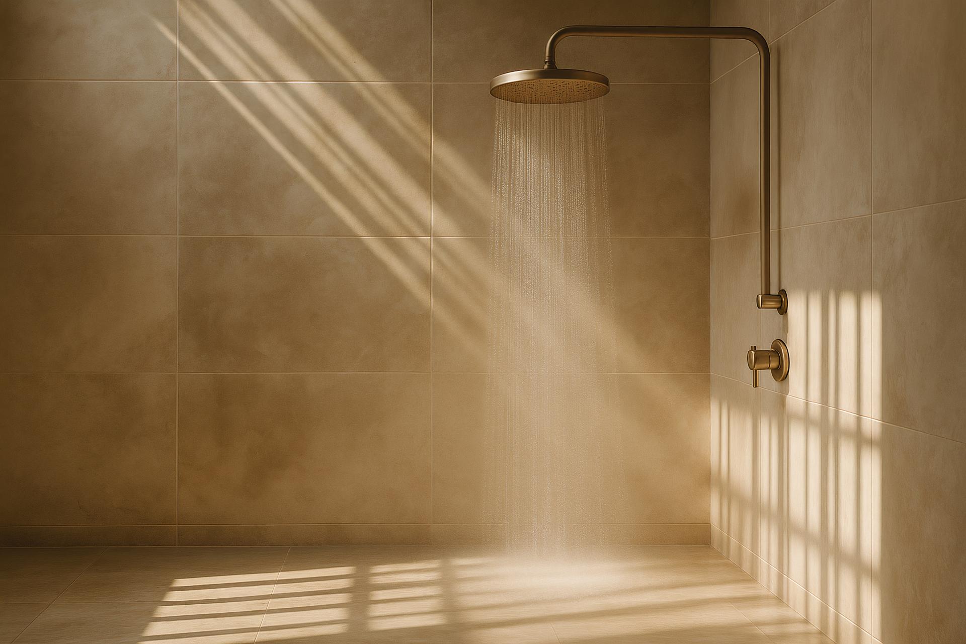 Shower head, plumbing fixtures, flooring, shower, shower bar, tile, light fixture in modern bathroom