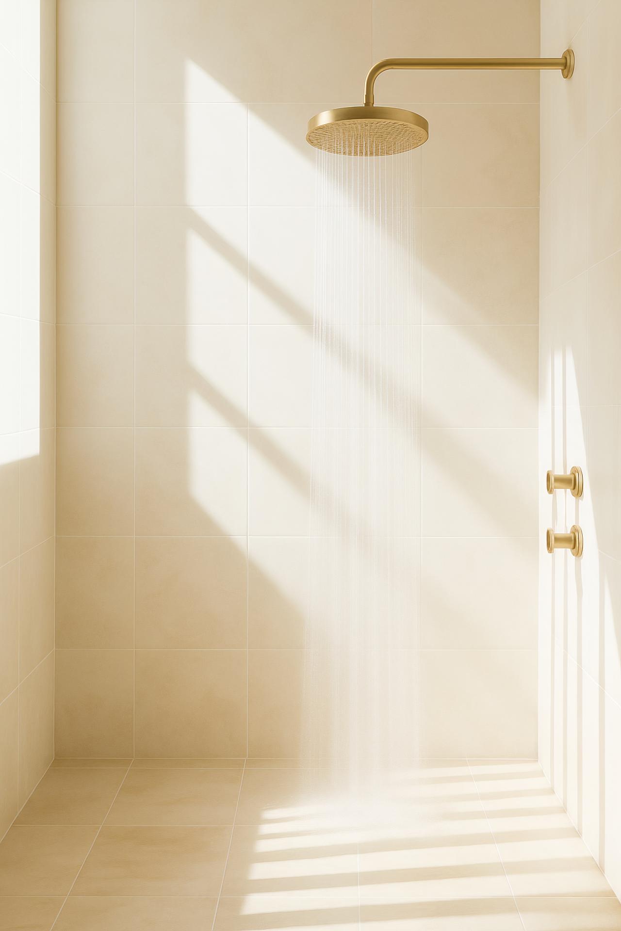 Shower panel, wall tiles, shower head, sconce, ceiling light fixture