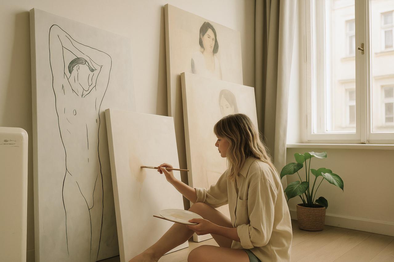 Person sitting at desk with figure drawing and picture frames