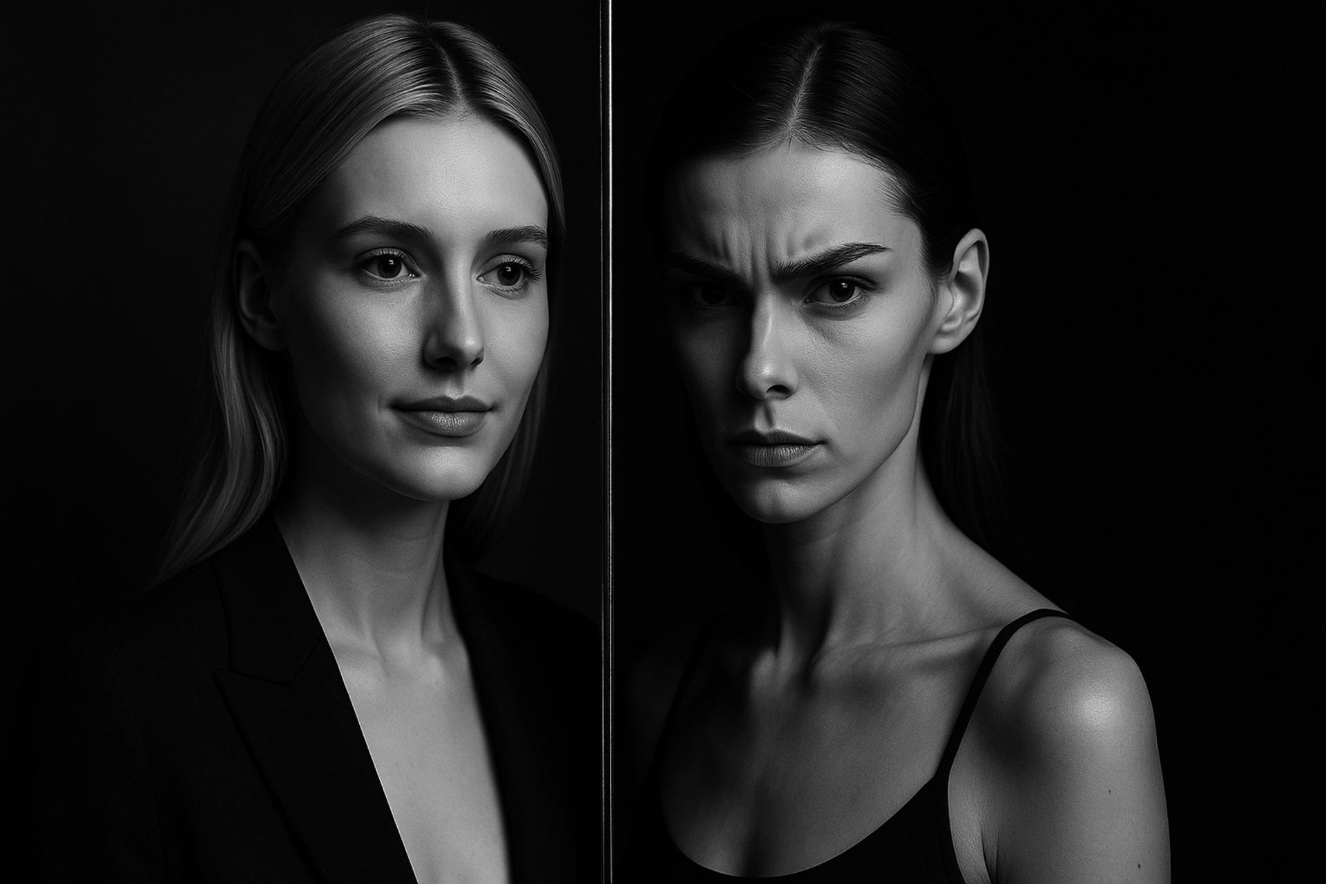 Monochrome beauty portrait with eyebrow, lips, nose, jaw, and expressive eye