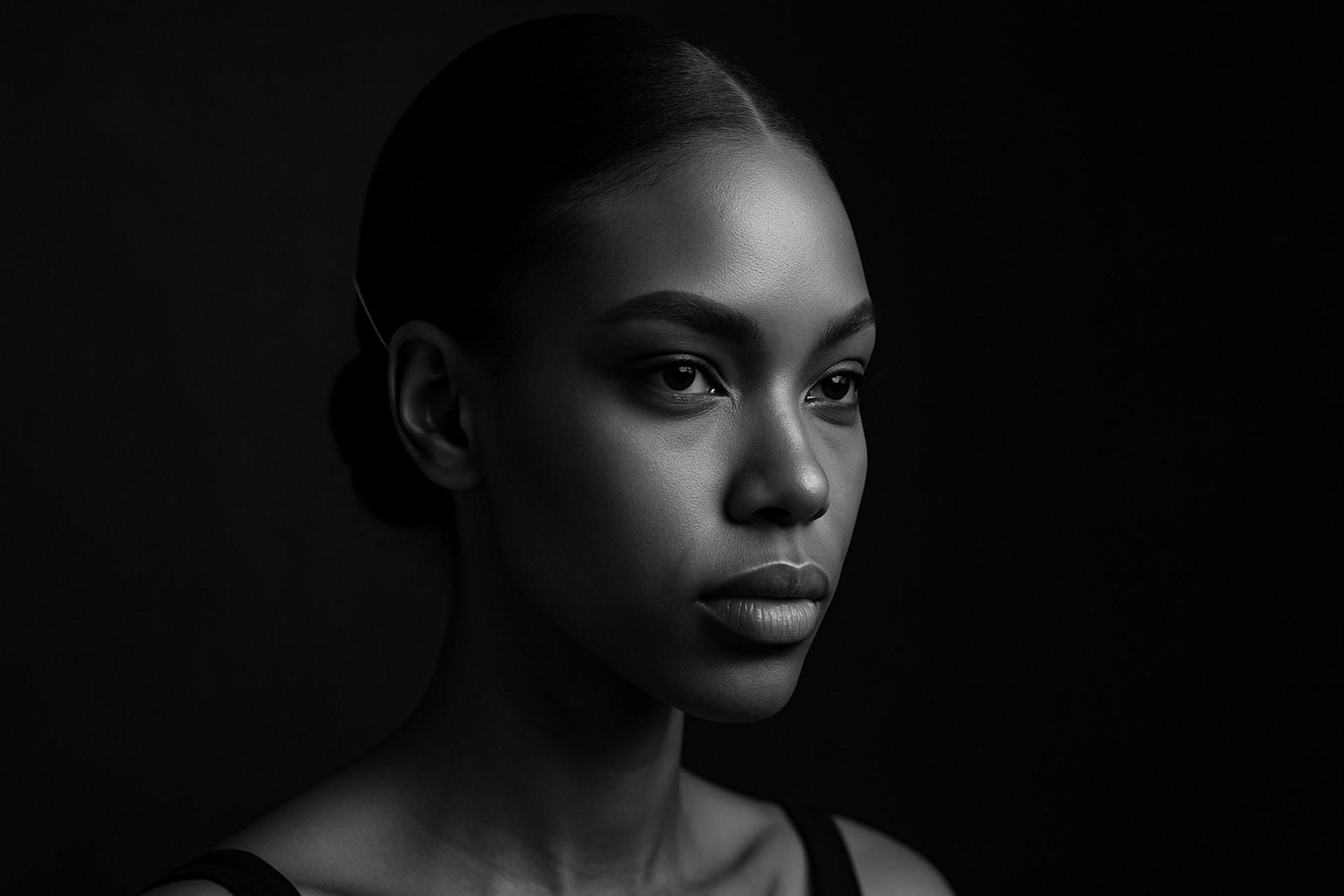 Monochrome beauty portrait with black hair, elegant facial expression, and delicate features