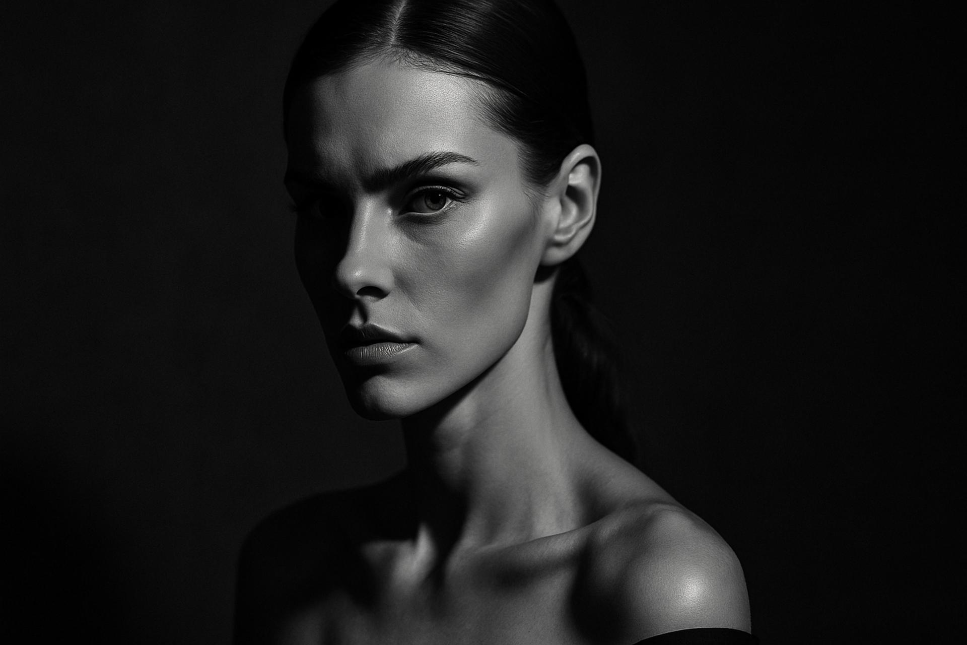 Monochrome beauty portrait of a model with black hair, focusing on face features.
