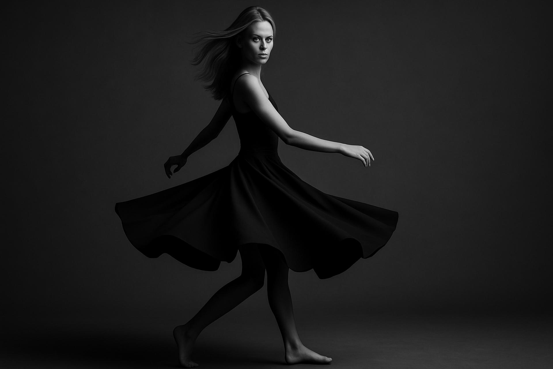 Monochrome fashion dance performance in black and white attire