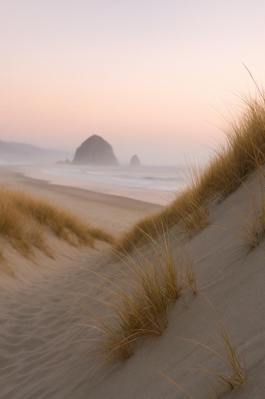 Morning beach scene with horizon, sunlight, ocean, and mist