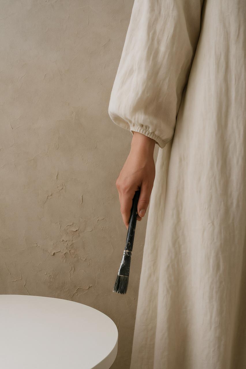 Hand holding natural linen near bathroom sink