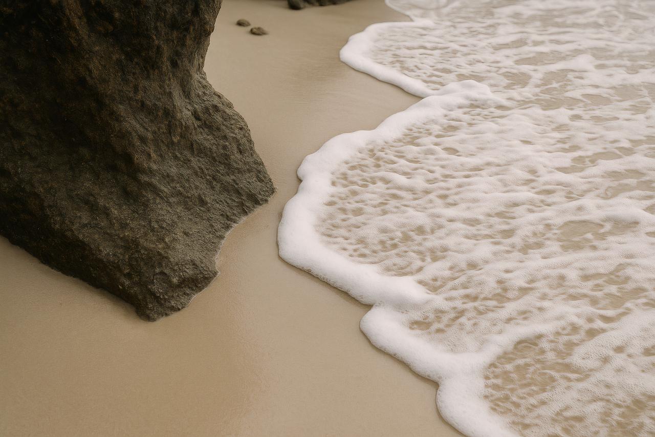 Crochet linens on sandy shore with ocean waves