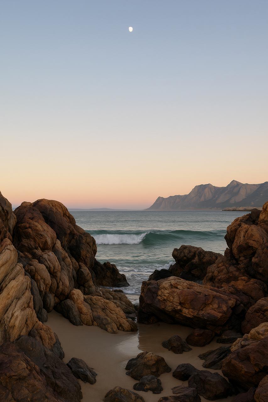 Rocky coast at dusk with ocean waves