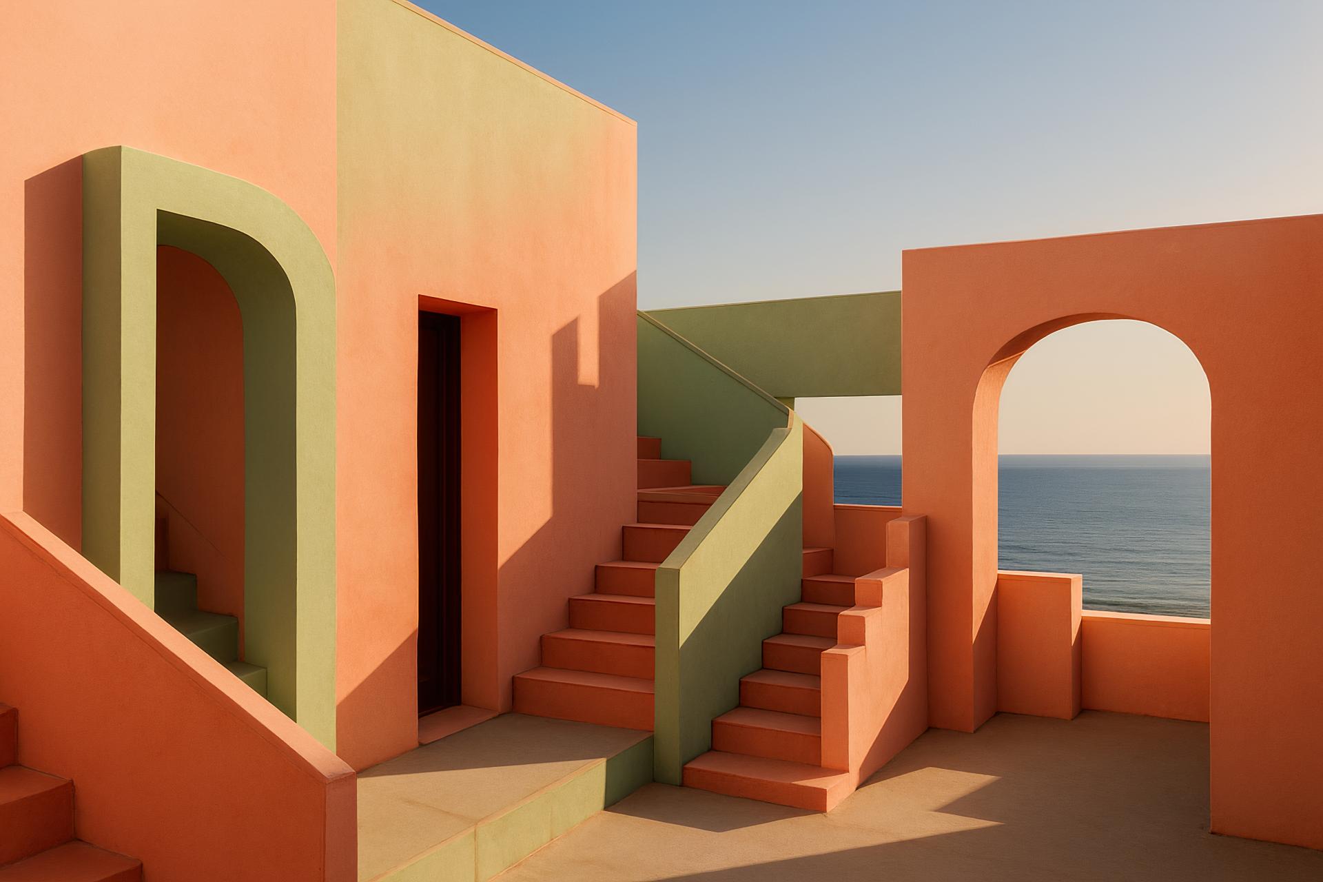 Orange arch, stairs, design elements in brutalist house