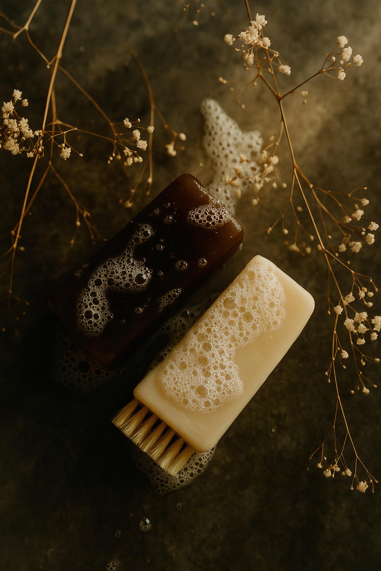 Personal care products arranged in still life composition