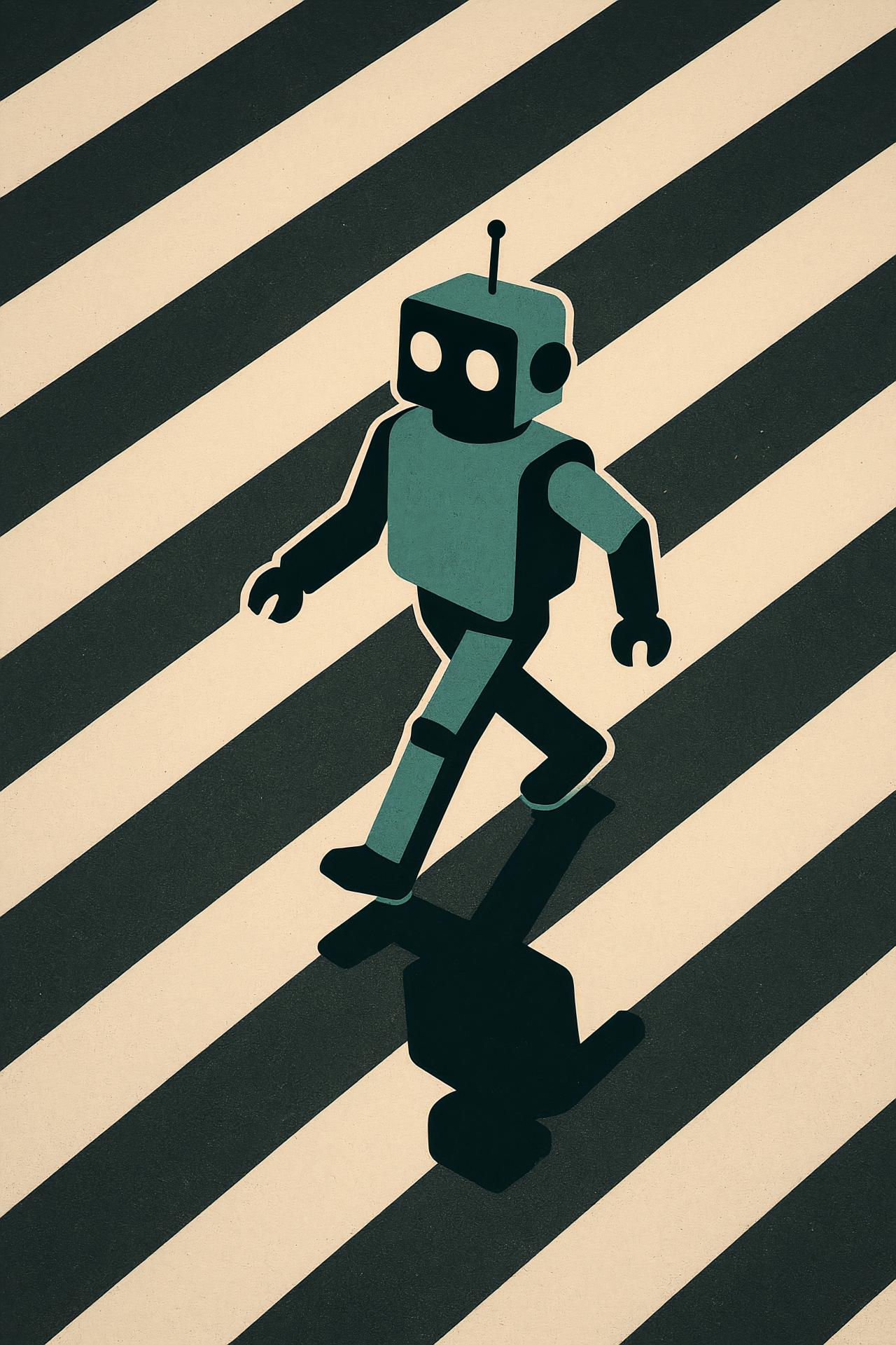 Robot on skateboard performing kickflip with shadow graphics illustration
