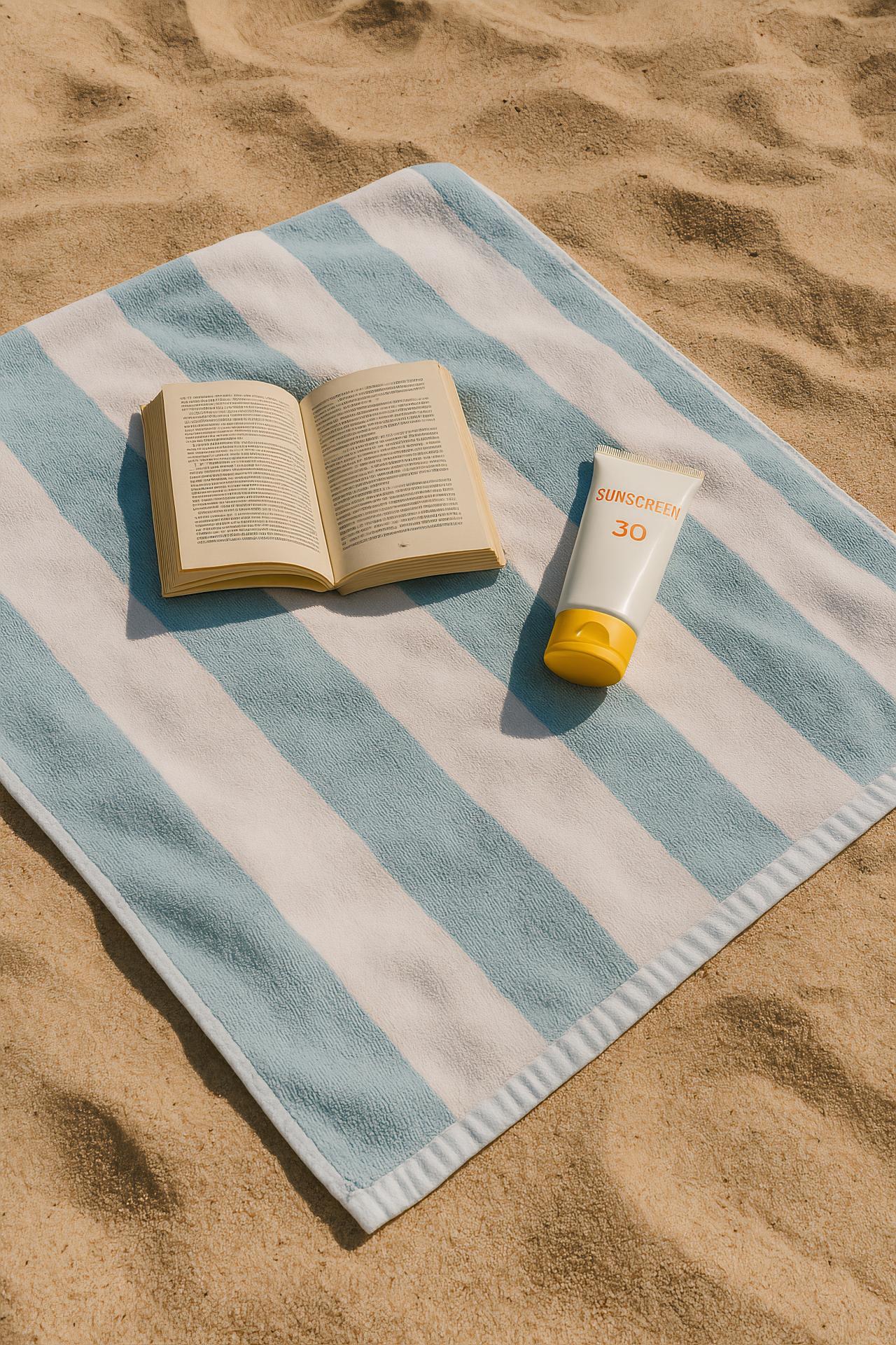 Sandy beach with neatly arranged linens and towel