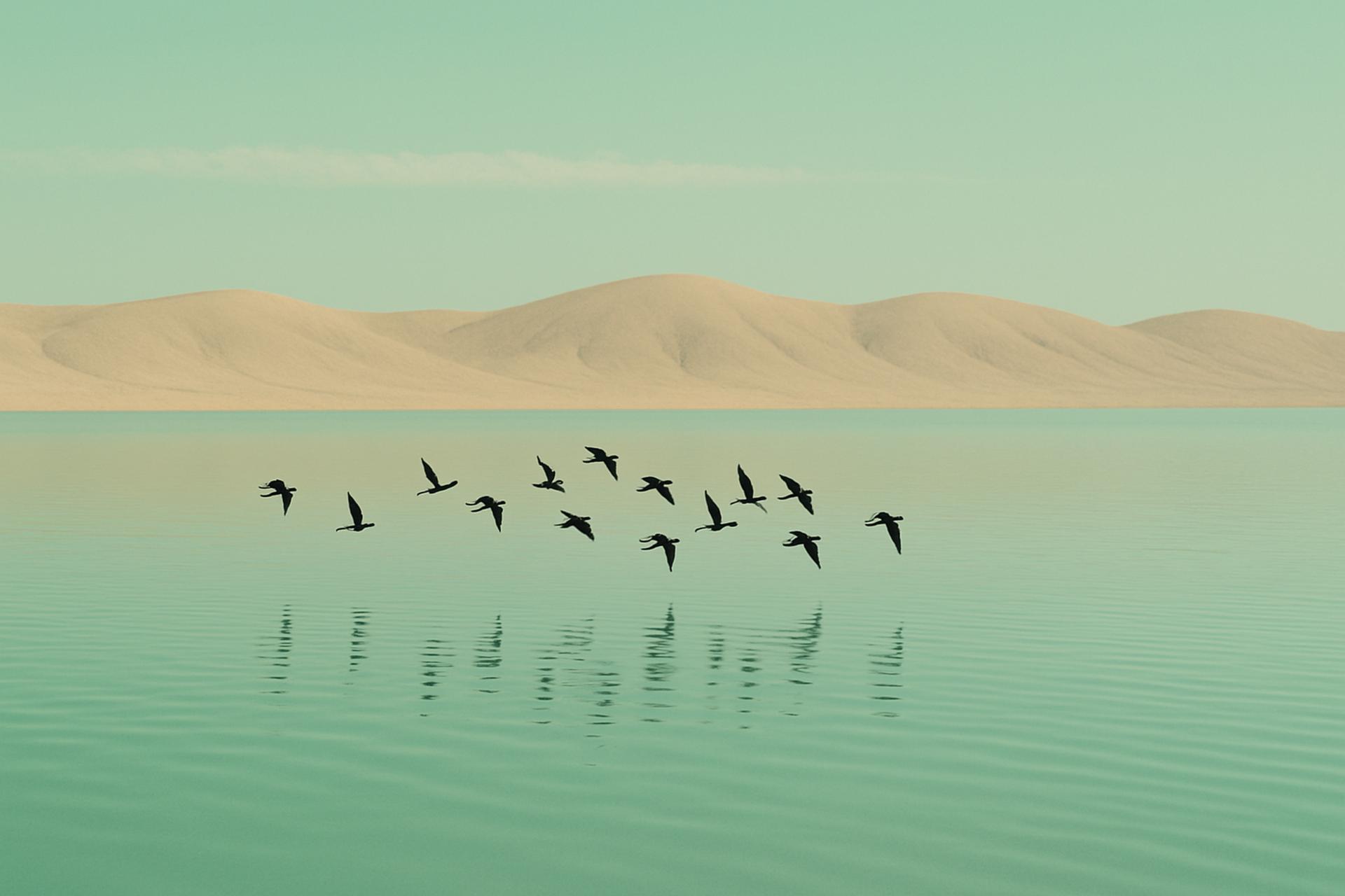 Seabird flock migration, desert dunes, birds flying at dusk