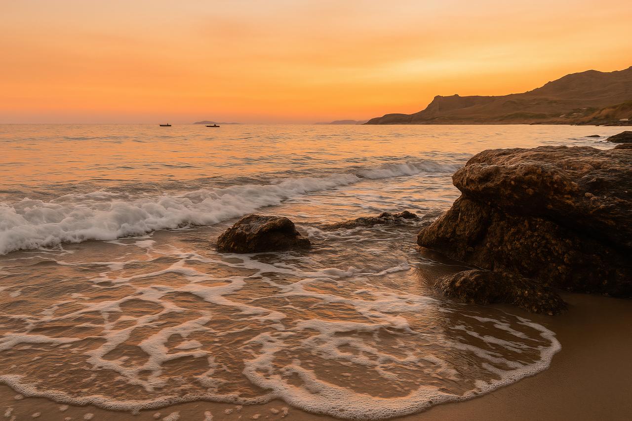 Coastal sunset over water with rocks and waves