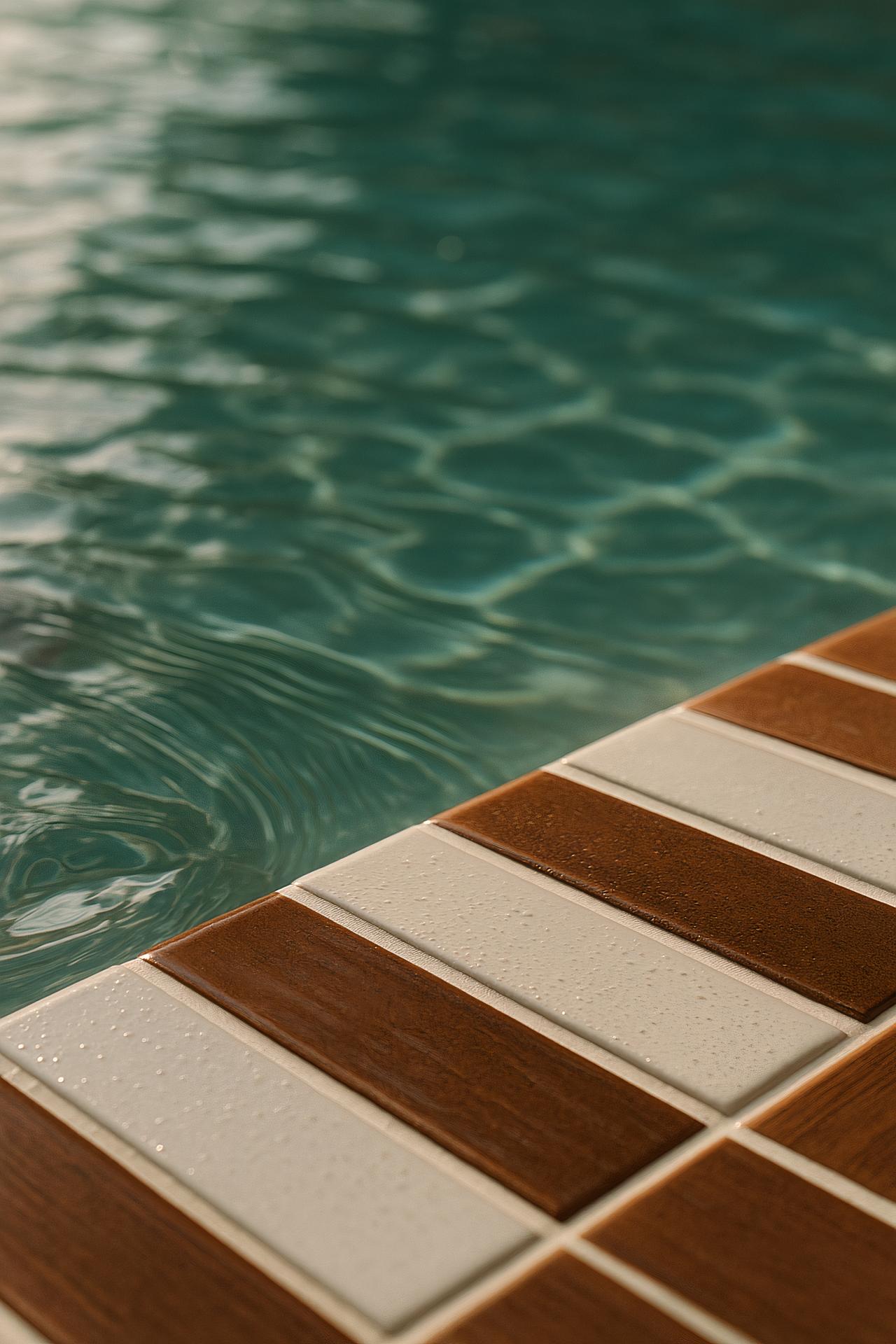 Swimming pool with brown wood stain, hardwood planks, and tile