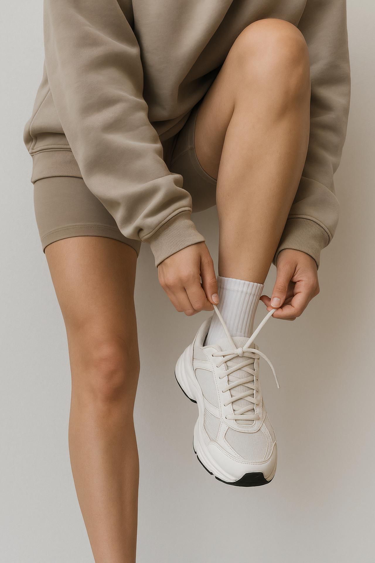 Young girl in sportswear walking in stylish sneakers
