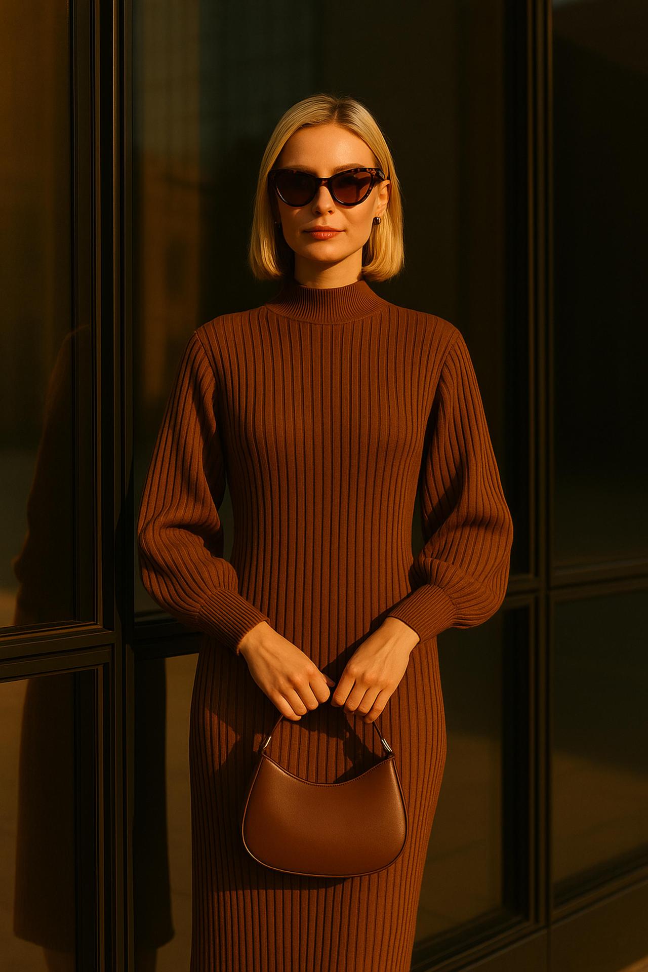 Fashion model in day dress with cardigan, stylish one-piece garment