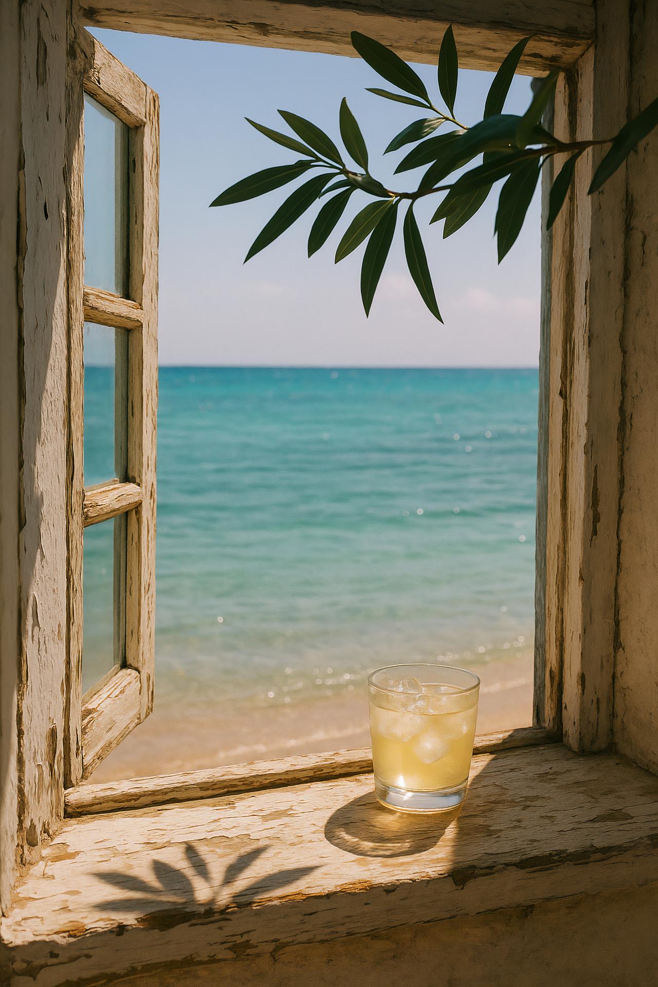 Caribbean beach, blue sea, sunlight, tropics, window view