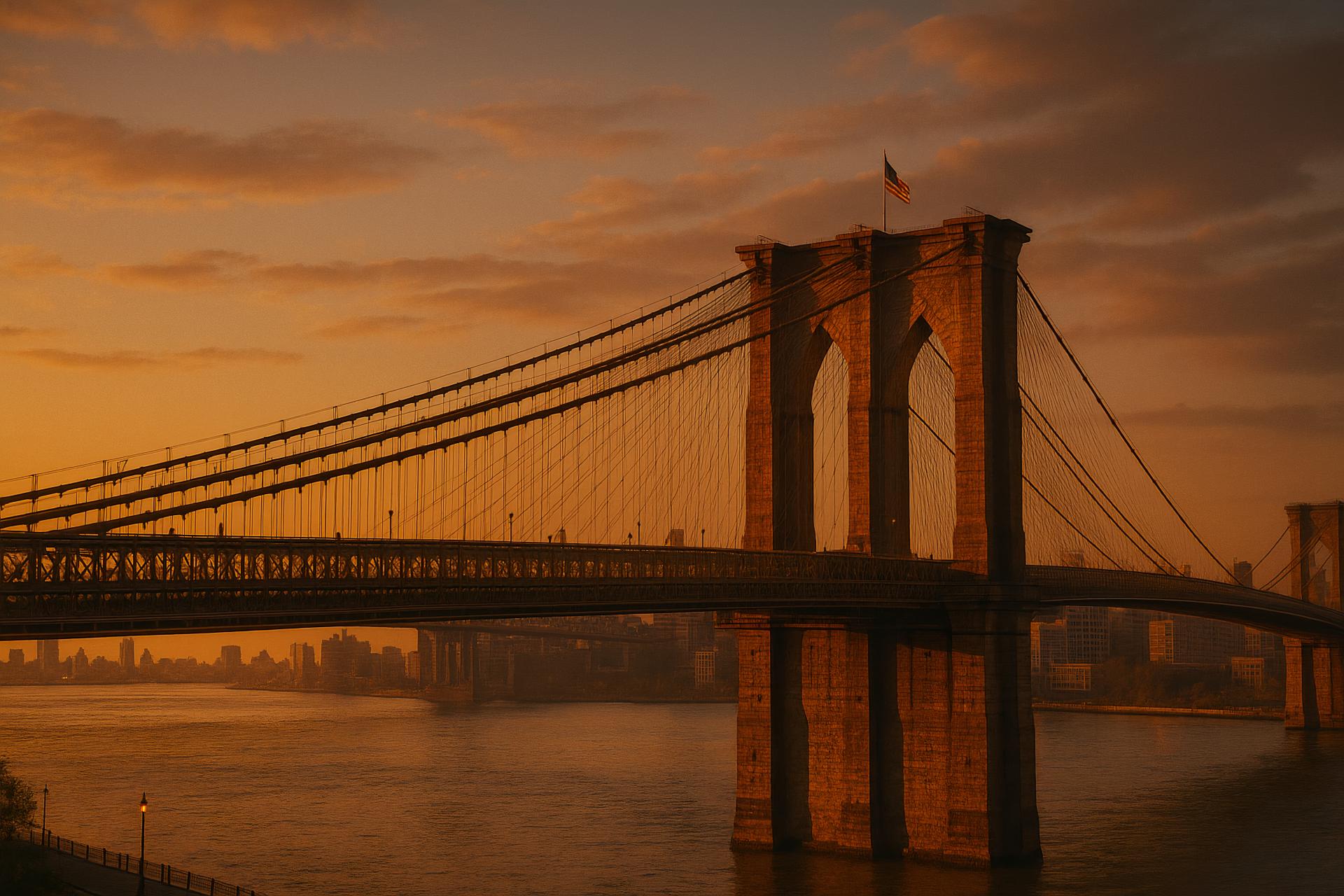 Suspension bridge at sunset against colorful sky