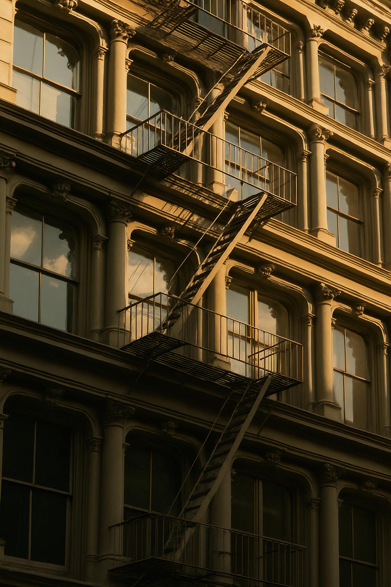 Symmetrical high-rise condo with iron balcony in daytime