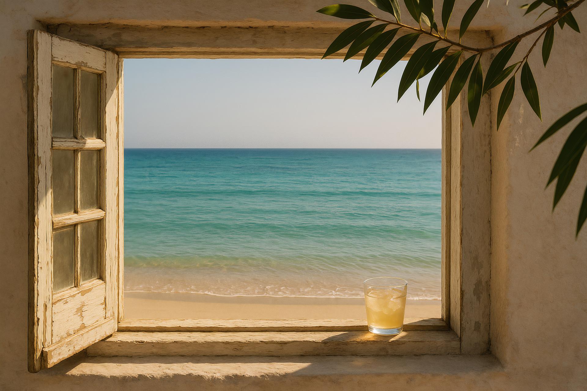 Tropical Caribbean beach with palm trees, blue ocean, sandy shore
