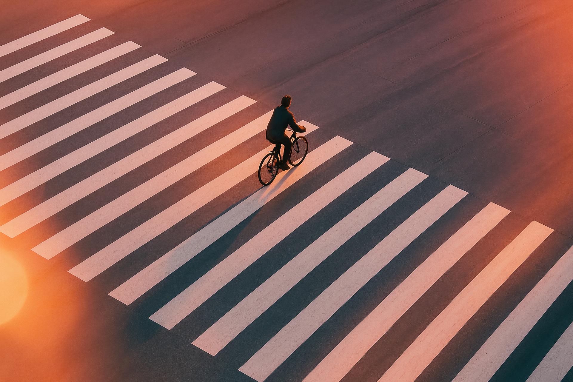 Pedestrian crossing, bicycles, cyclists, zebra crossing, urban street scene at dusk