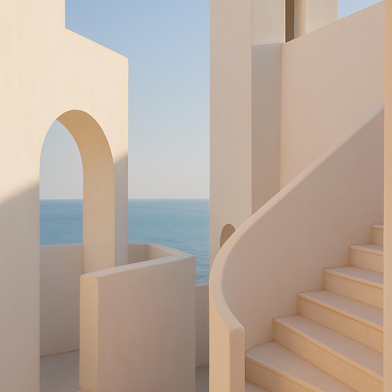 Stairs, design, column, shadow, handrail, house in urban setting